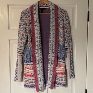 BCBGMaxAzria Open-Front Patterned Cardigan with fringe trim
